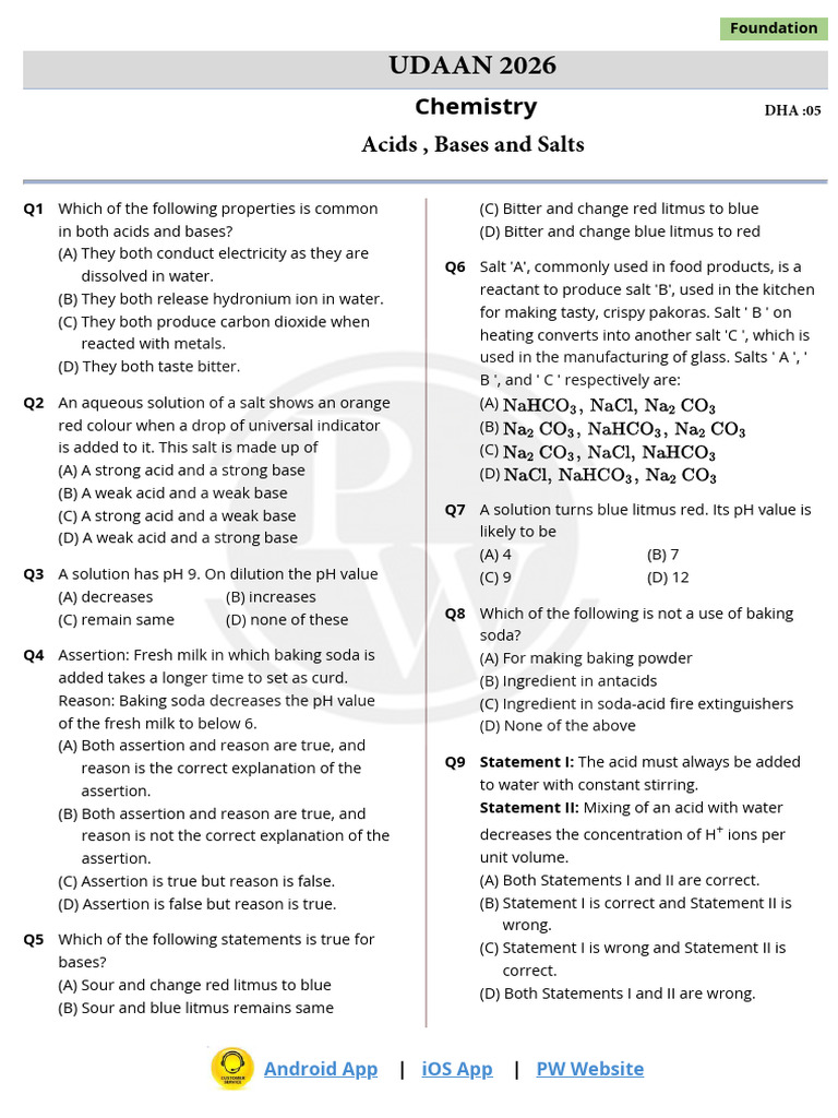 Acids, Bases, and Salts Quiz Answers | PDF | Acid | Ph