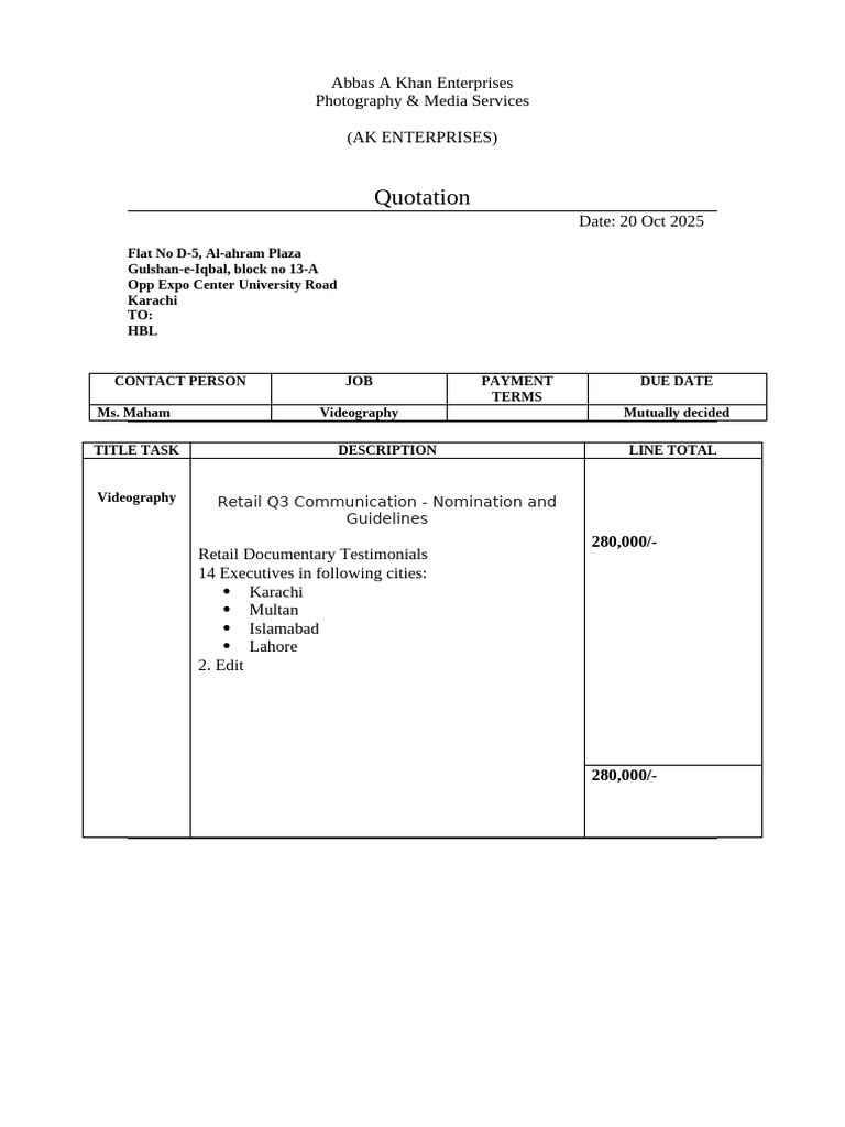 Videography Quotation for HBL Services | PDF