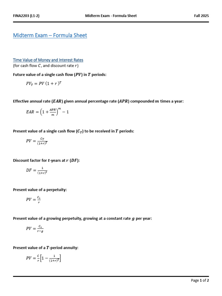 FINA2203 Midterm Exam Formula Sheet | PDF