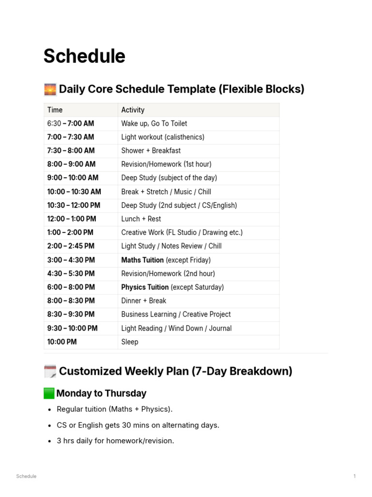 Daily Study and Creative Schedule Template | PDF