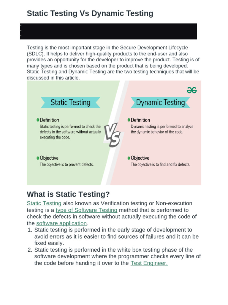 Static Testing Vs Dynamic Testing | PDF | Software Testing ...