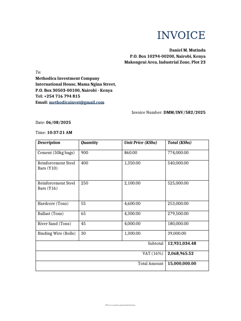 Invoice for Construction Materials | PDF