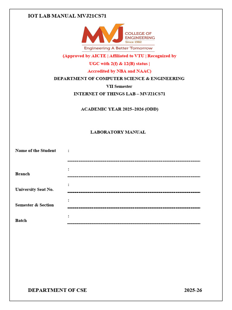 VTU IoT Lab Manual for 7th Semester | PDF | Arduino | Microcontroller