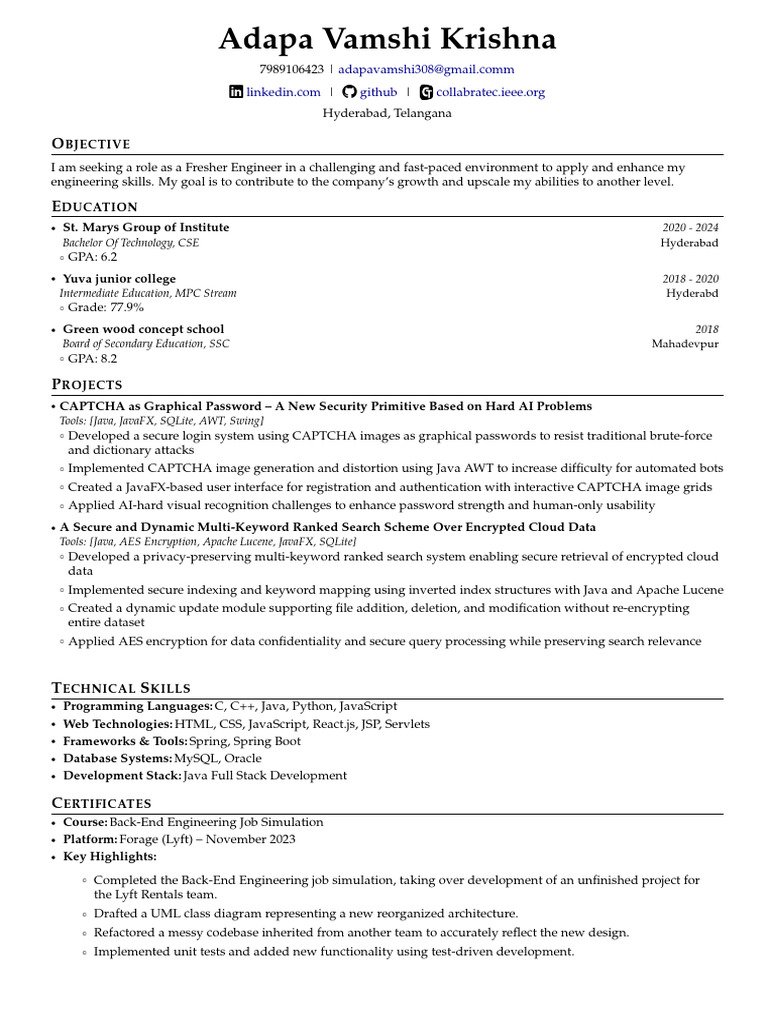 Fresher Engineer Resume - Vamshi Krishna | PDF | Java (Programming ...