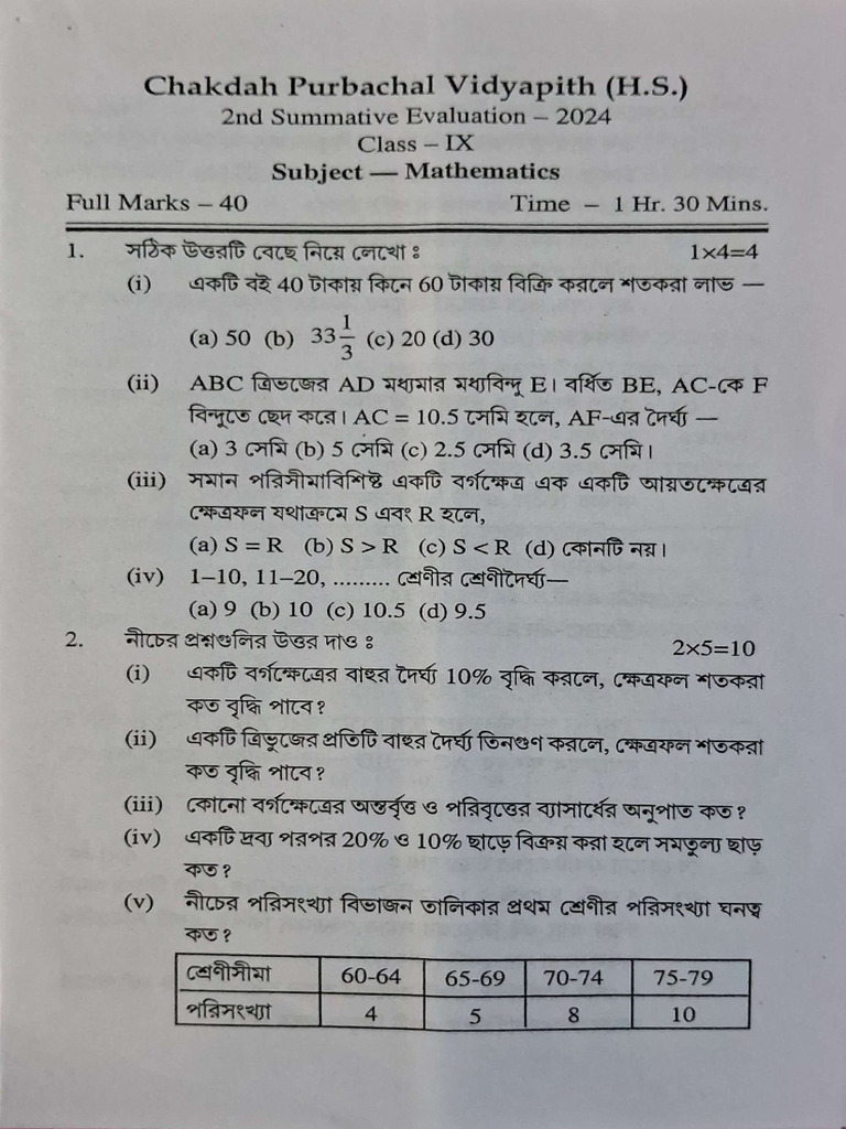 2nd Summertive Mathematics (2024) - Class 9 | PDF