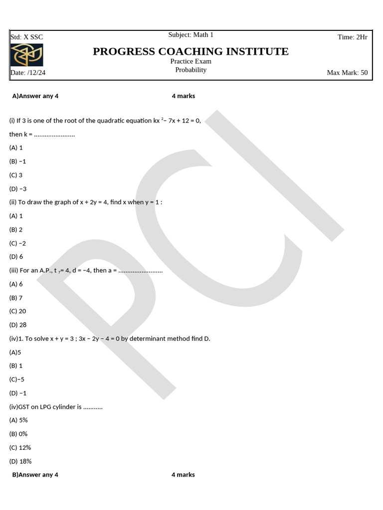 SSC Math 1 Practice Exam on Probability | PDF | Equations | Quadratic ...