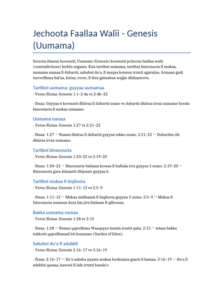 Jechoota Faallaa Walii Genesis | PDF