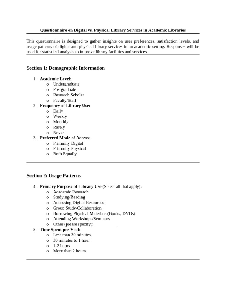Academic Library Services Questionnaire | PDF | Libraries | Books