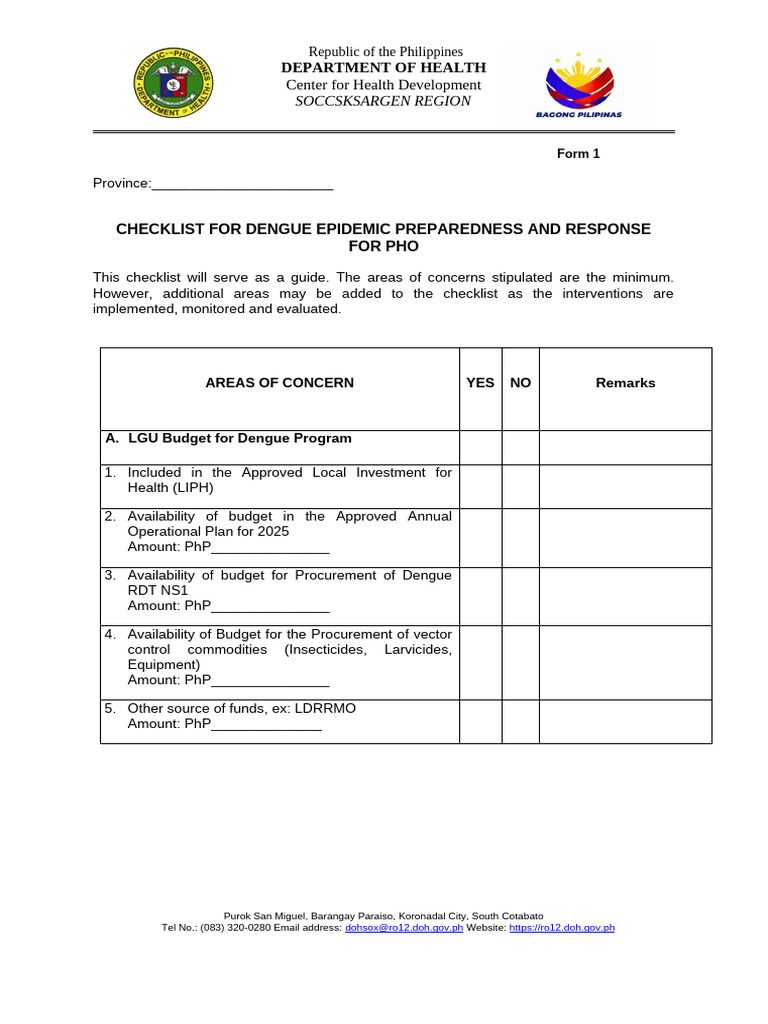 Dengue Epidemic Preparedness Checklist | PDF