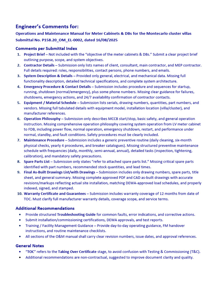 Engineer's Comments on O&M Manual for Meter Cabinets | PDF