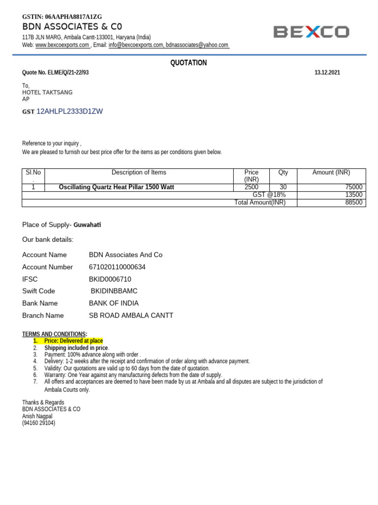 Quotation Format BDN Inr | PDF