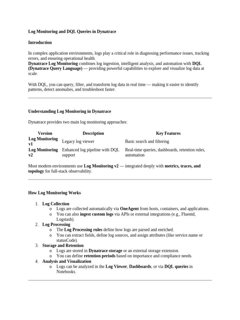 DQL for Log Monitoring in Dynatrace | PDF | Data Management | Software ...