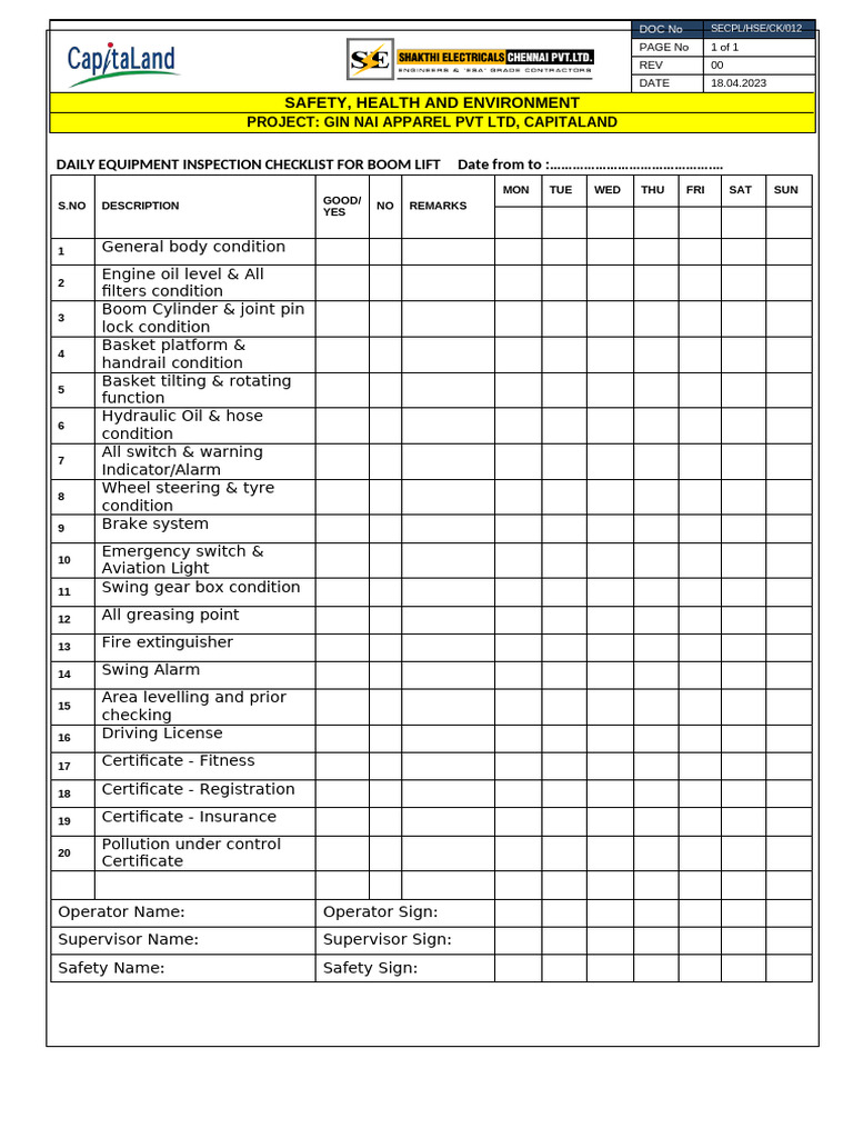 SECPL-HSE-CK-013 Boom Lift Daily Inspection Checklist | PDF