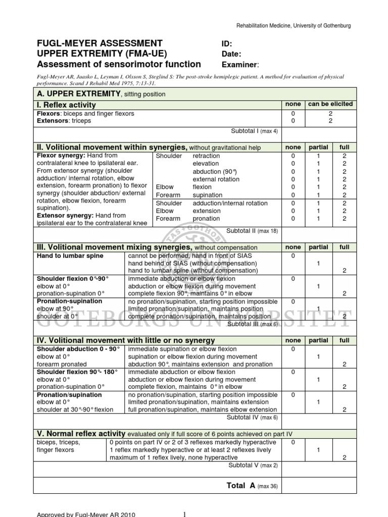 Fugl-Meyer Assessment for Upper Extremity | PDF | Anatomical Terms Of ...