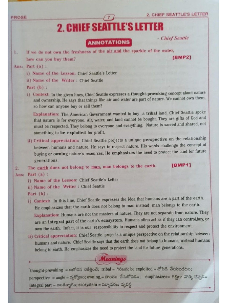 Chief Seattles Letter Annotations & Questions | PDF