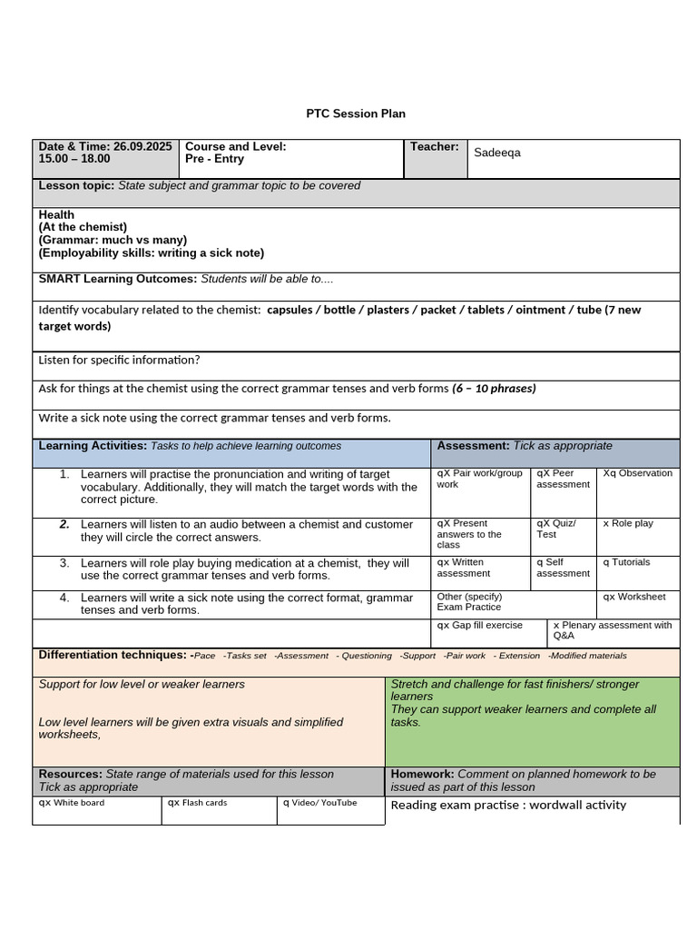 Pre-Entry Health Lesson Plan | PDF | Learning | Human Communication