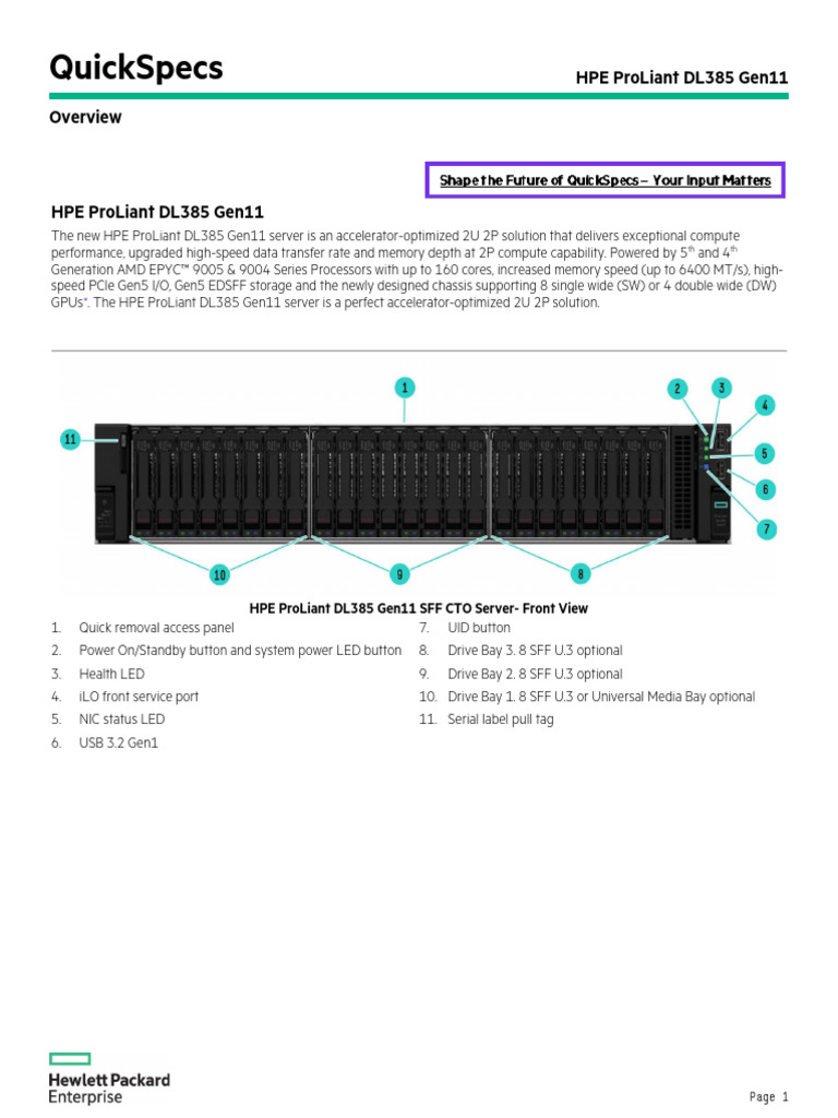 Quickspecs: Hpe Proliant Dl385 Gen11 | PDF | Booting | Computer Science