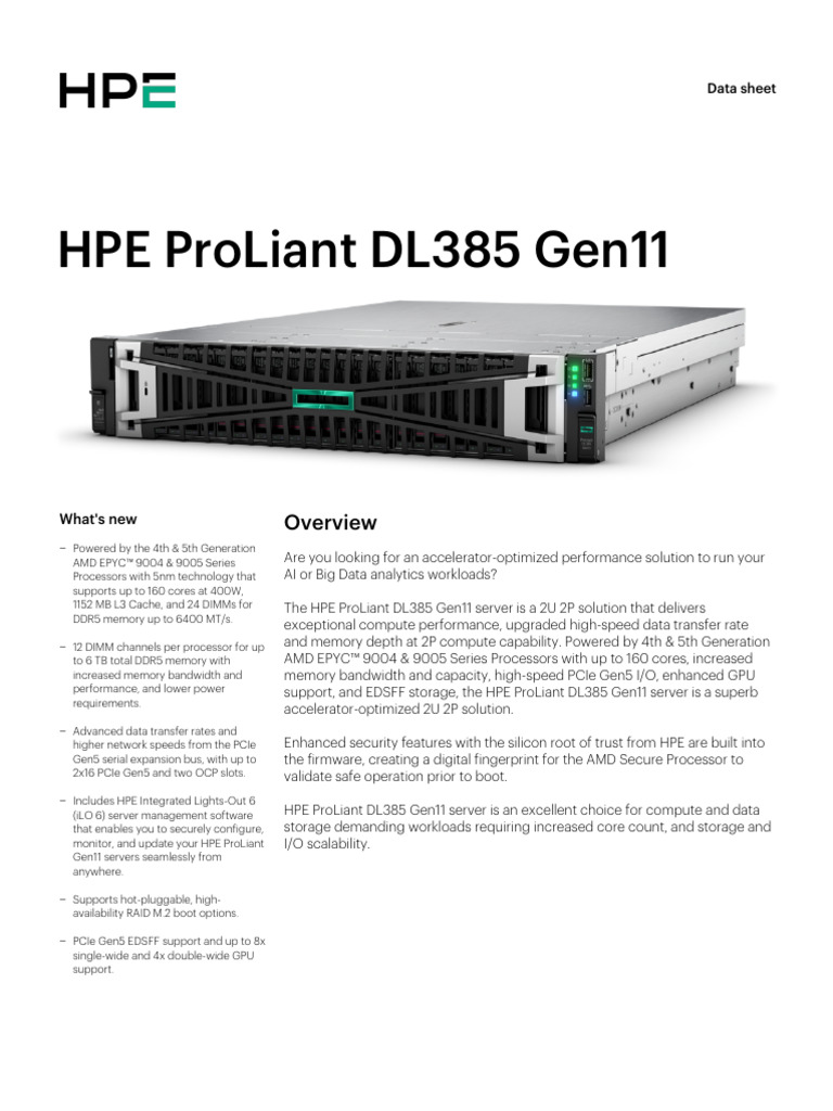 HPE ProLiant DL385 Gen11 Overview | PDF | Central Processing Unit ...