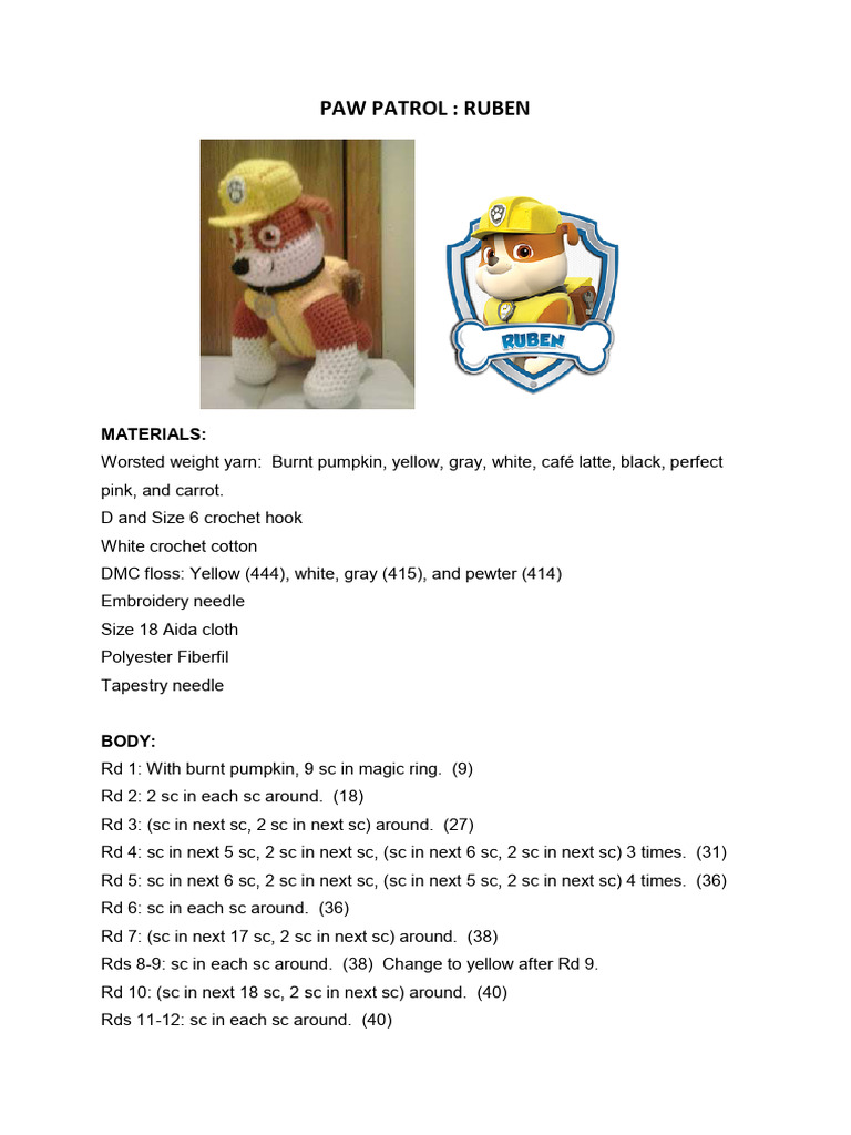 Crochet Pattern for Paw Patrol Rubble | PDF | Crochet | Clothing