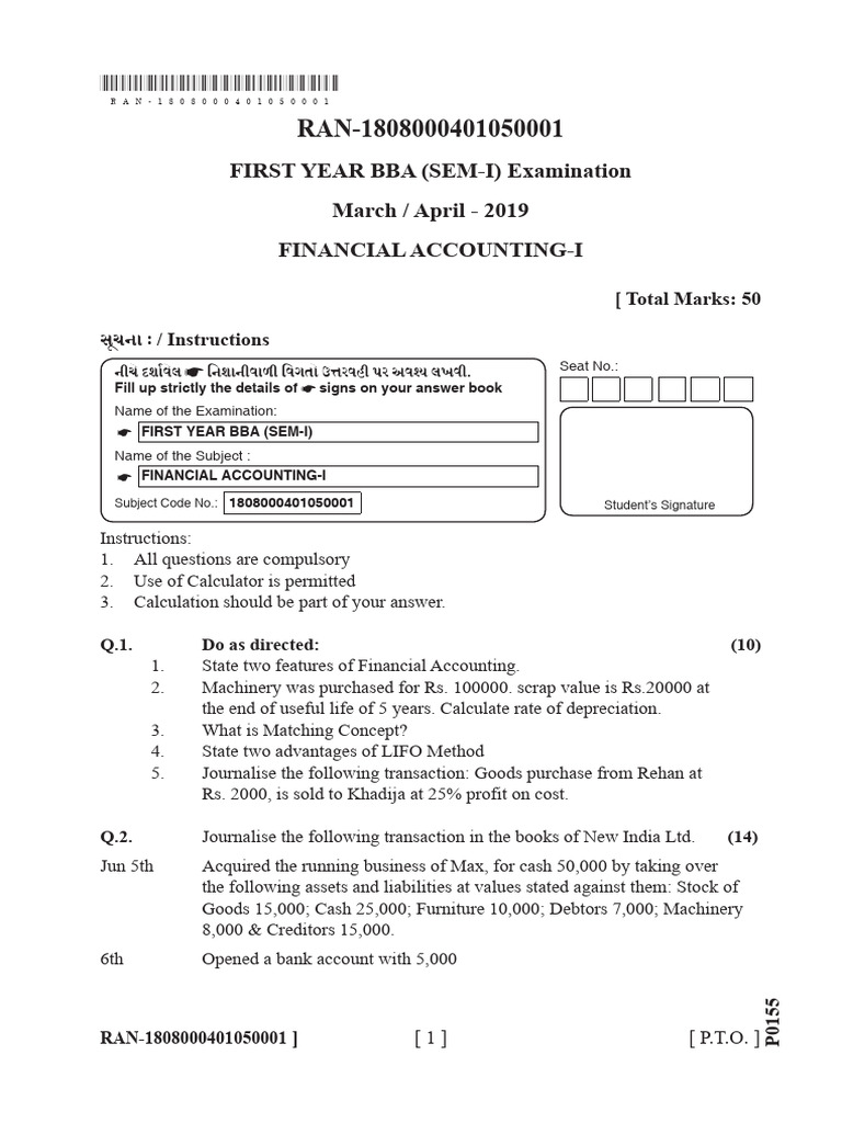 Bba 1 Sem Financial Accounting 1 2019 | PDF | Cheque | Financial Accounting