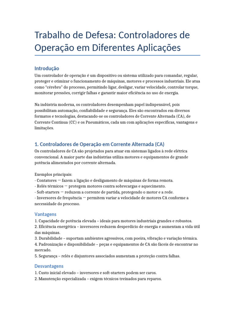 Controladores de Operação: Tipos e Aplicações | PDF | Motores | Automação
