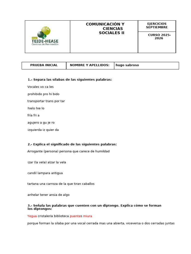 Ejercicios de Comunicación y Lengua 2025-2026 | PDF | Sílaba | Voz humana
