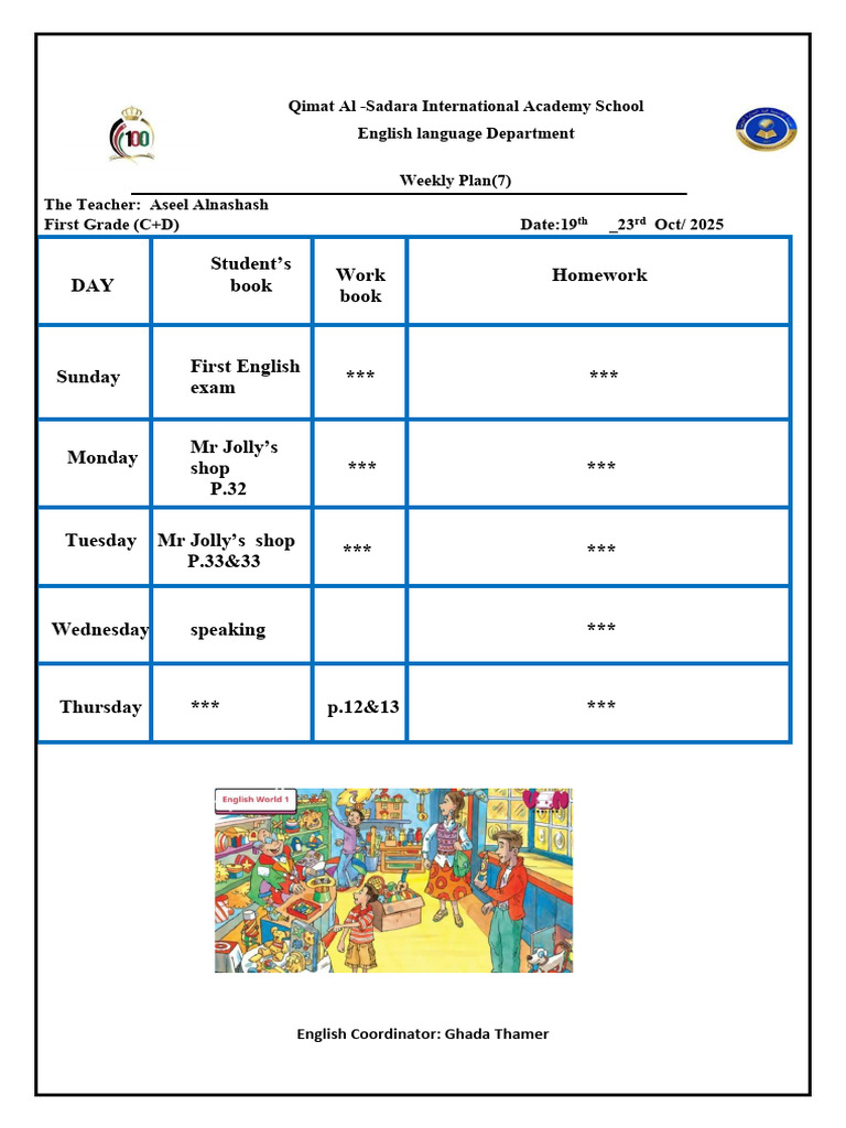 Weekly Plan (7) First Grade | PDF
