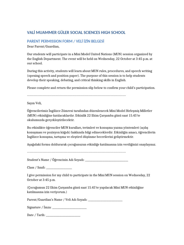 Mini MUN Parent Permission Form | PDF