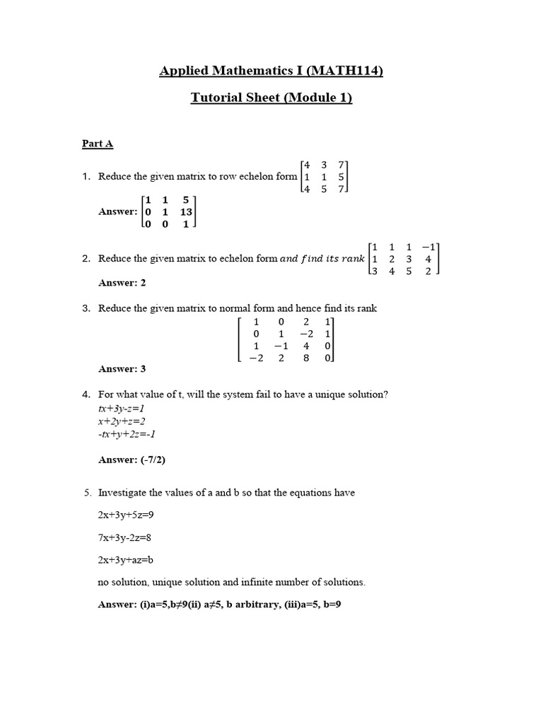 Applied Mathematics I Tutorial Sheet | PDF | Eigenvalues And ...