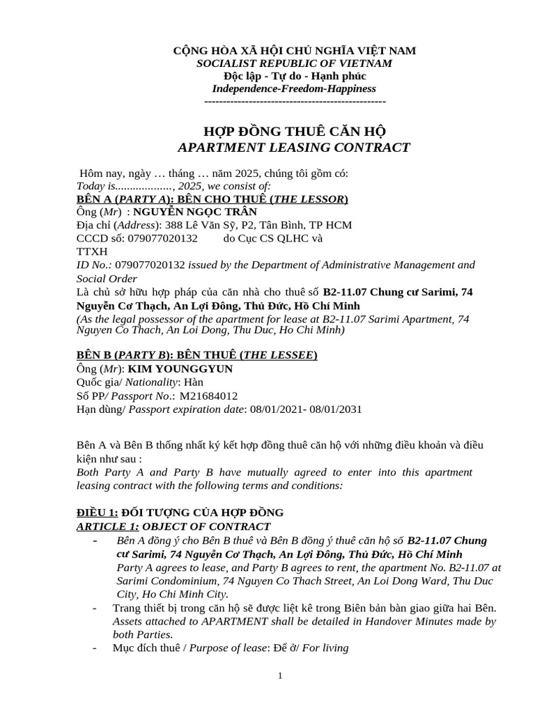 Apartment Leasing Contract Sarimi b2-11.07 | PDF