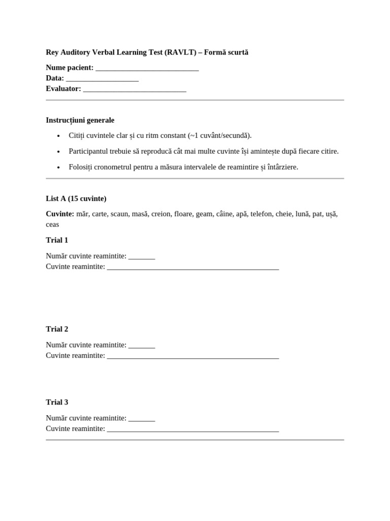 Rey Auditory Verbal Learning Test | PDF