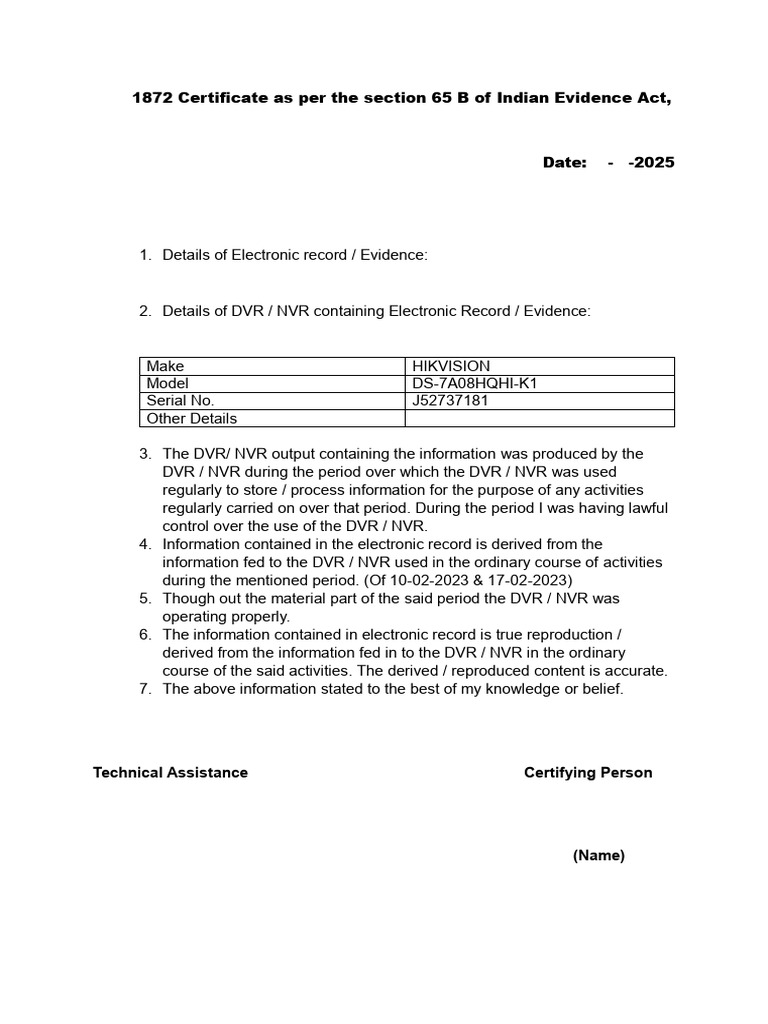 Certificate As Per The Section 65 B of Indian Evidance Act | PDF