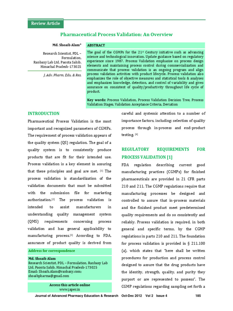 Overview of Pharmaceutical Process Validation | PDF | Verification And ...