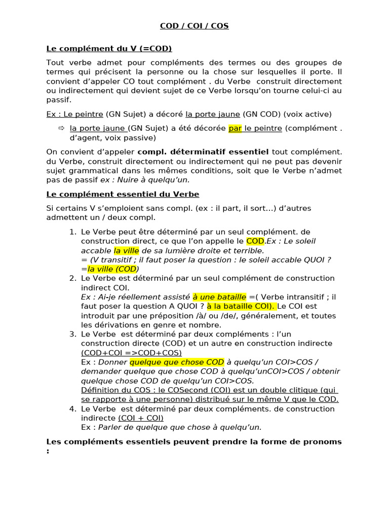 Comprendre COD, COI et COS en français | PDF | Complément d'objet ...