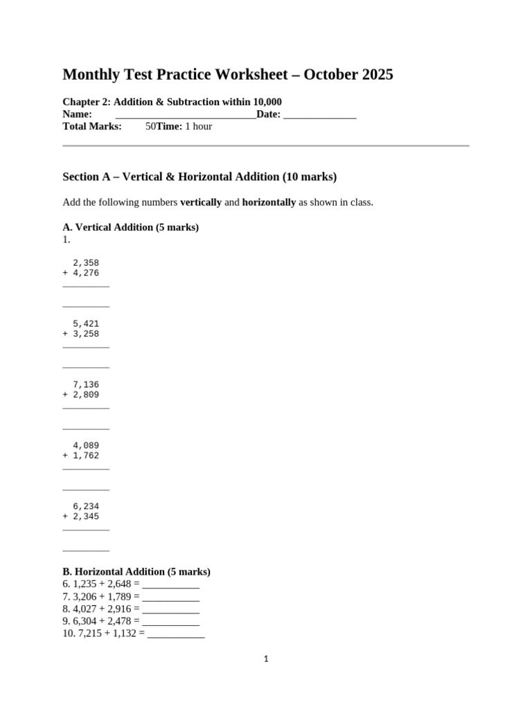 October 2025 Math Test Worksheet | PDF | Subtraction