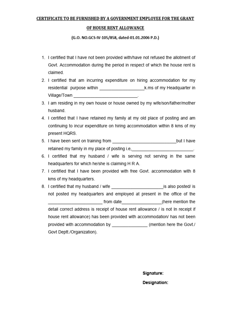 Government Employee House Rent Allowance Certificate | PDF