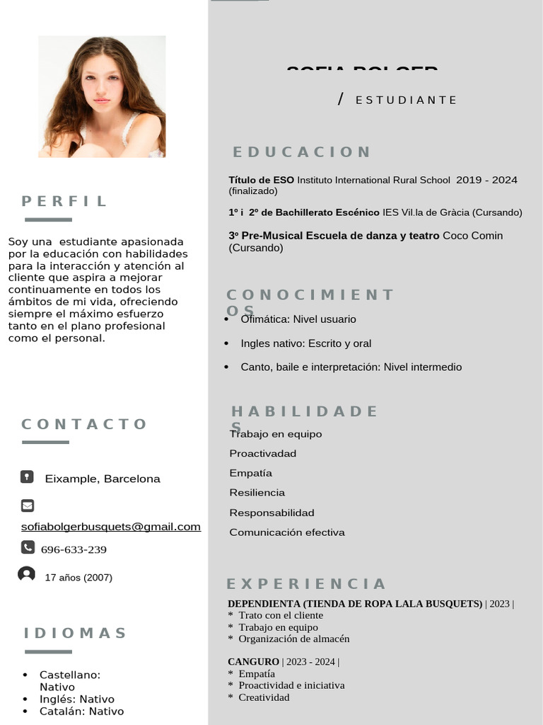Perfil de Sofia Bolger: Estudiante y Dependienta | PDF