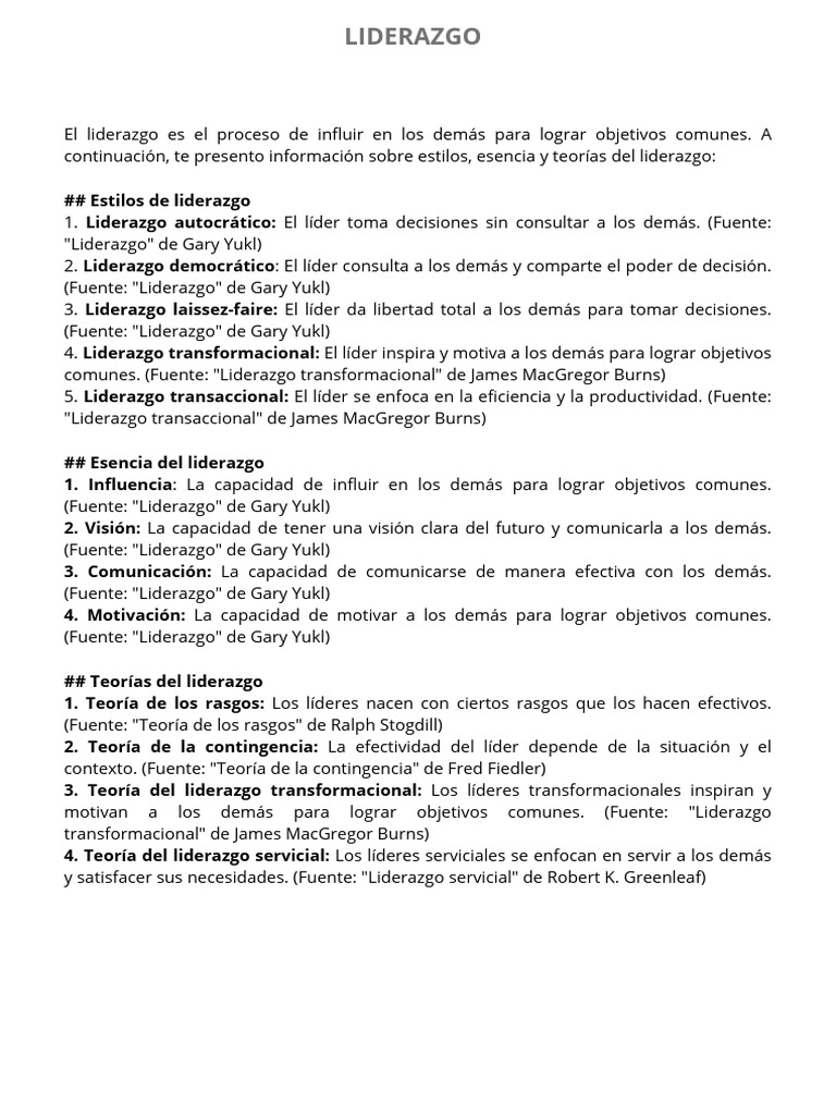 Estilos y Teorías de Liderazgo Efectivo | PDF | Liderazgo | Conceptos ...