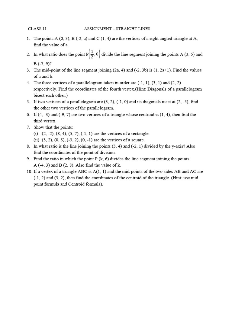 Class 11 Straight Lines Assignment | PDF