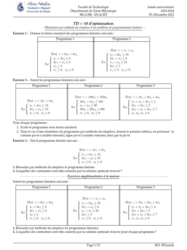 Optimisation par Simplexe en Mécanique | PDF | Optimisation linéaire ...