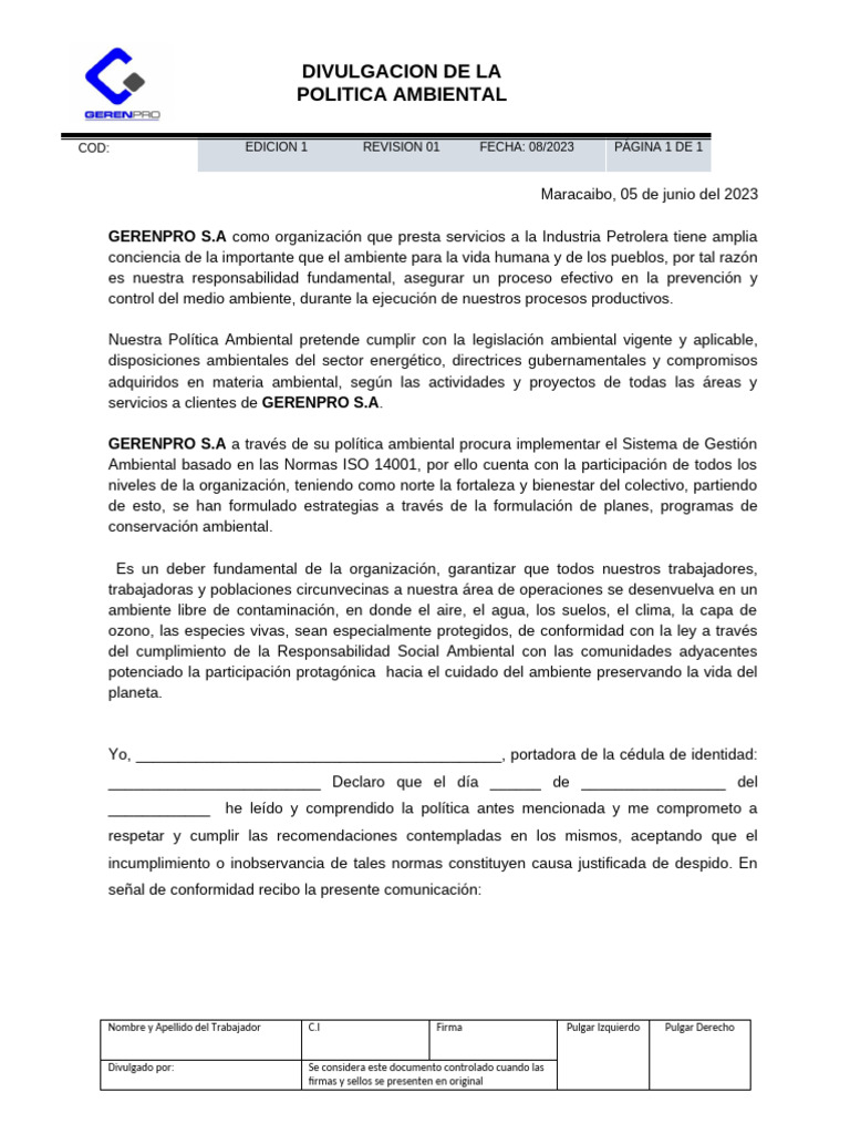 Política Ambiental de GERENPRO S.A. | PDF | Política de medio ambiente ...