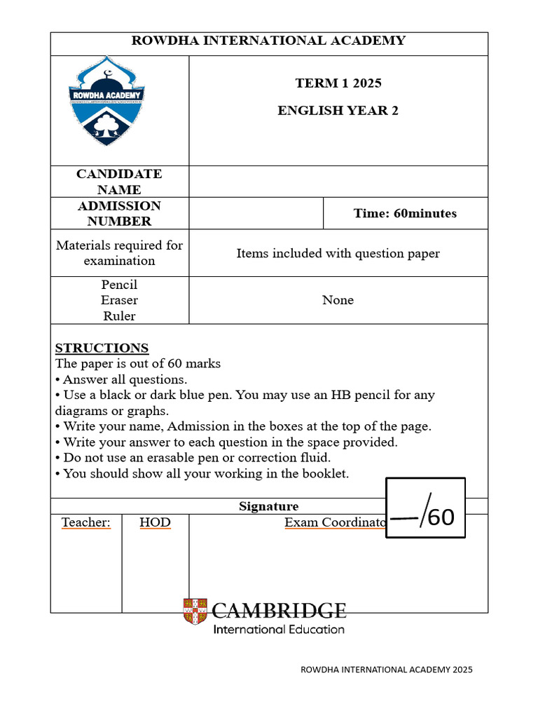 English Year 2 Exam Paper 2025 | PDF
