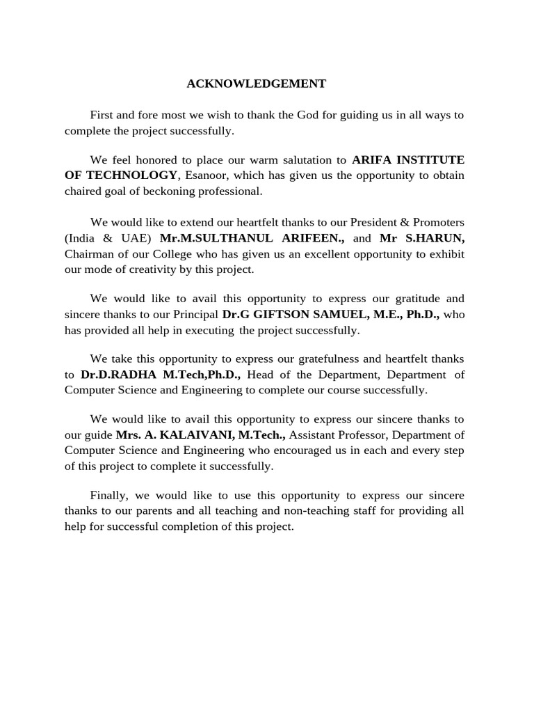 Acknowledgements for Project Completion | PDF
