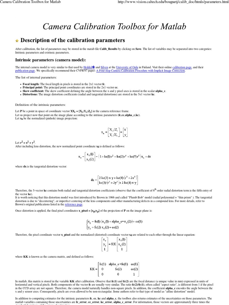 MATLAB Camera Calibration Parameters | PDF | Matrix (Mathematics) | Pixel