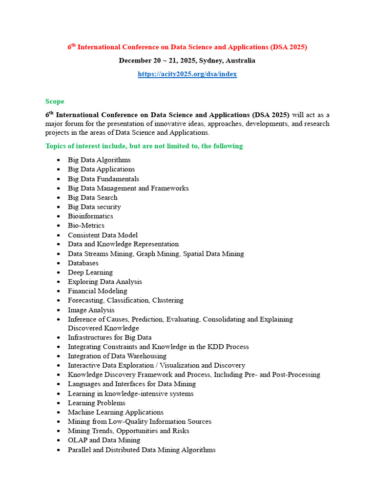 DSA 2025 Conference Overview | PDF | Data Mining | Big Data