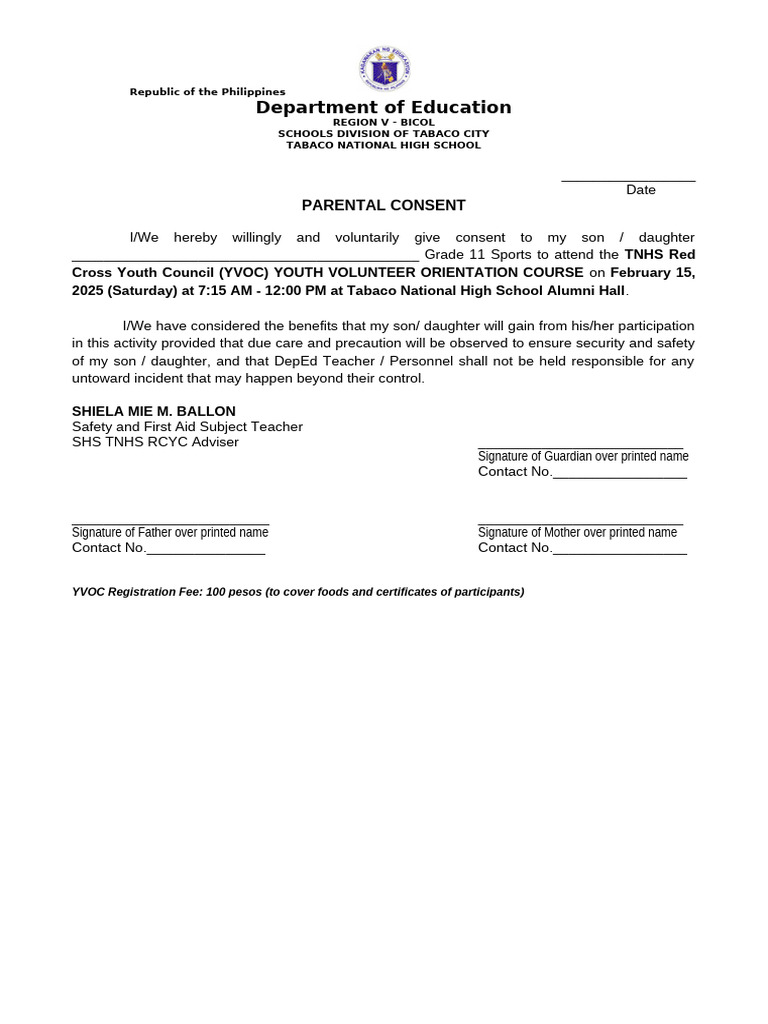 Parental Consent for YVOC Course | PDF