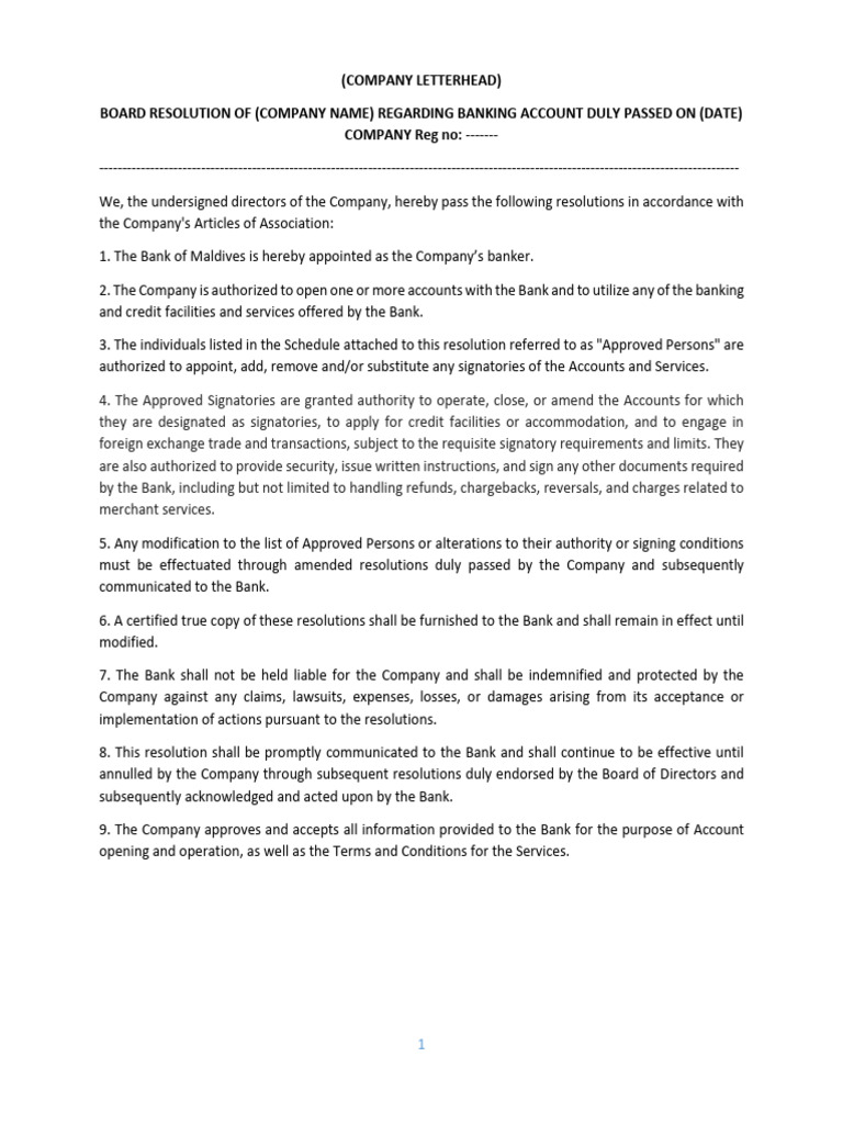 Company Banking Account Resolution | PDF | Banks