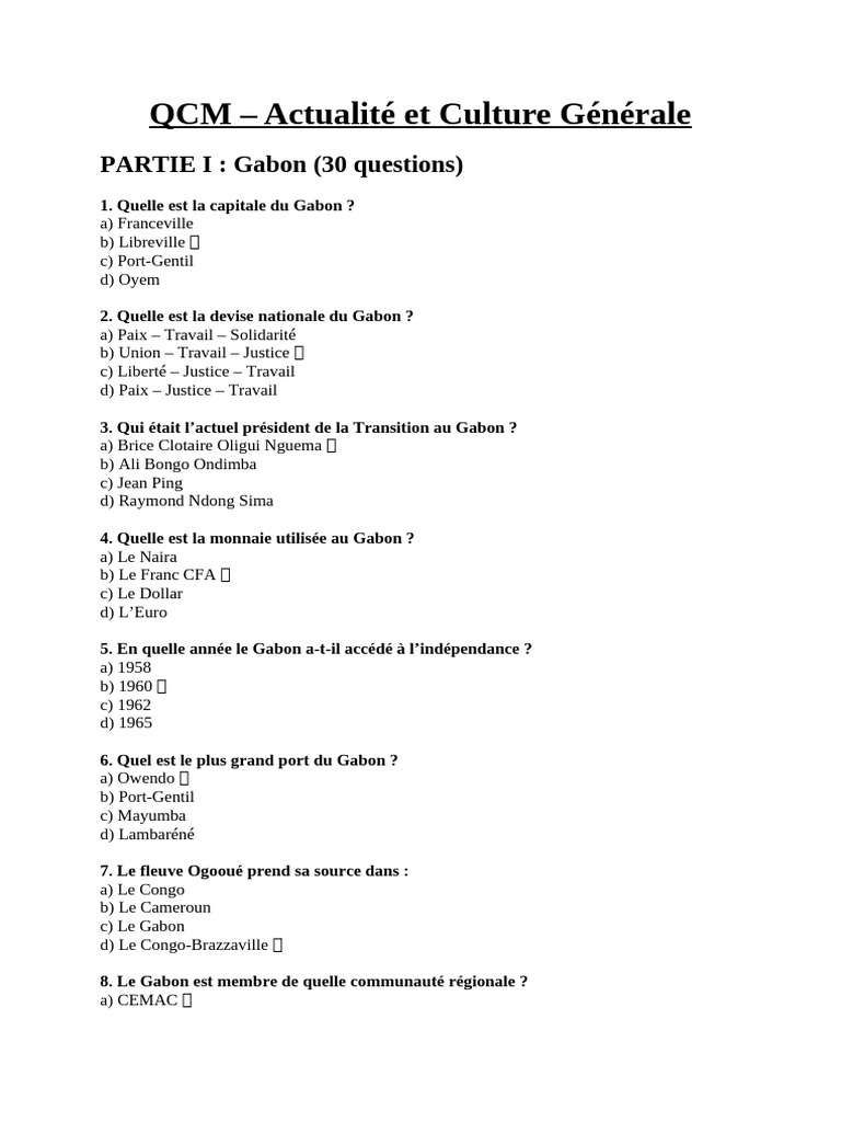 QCM Culture Générale sur le Gabon | PDF
