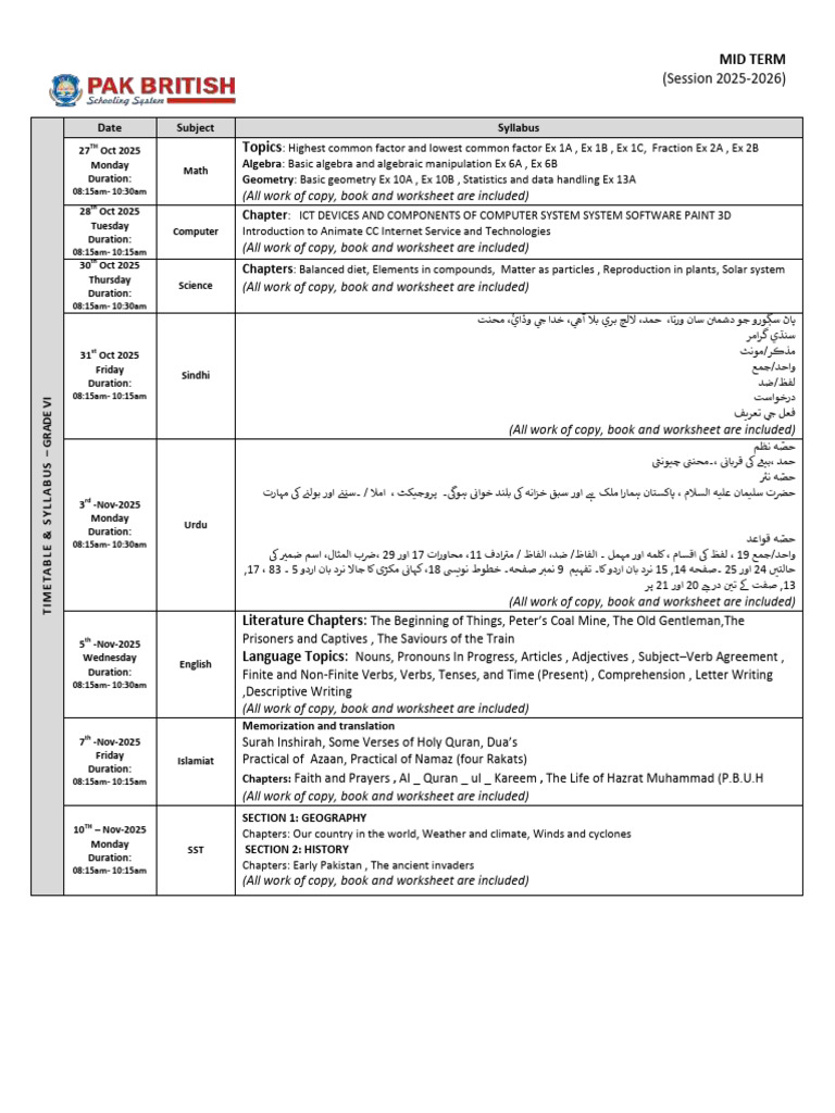 Grade VI Mid Term Timetable 2025-2026 | PDF | Verb | Linguistics