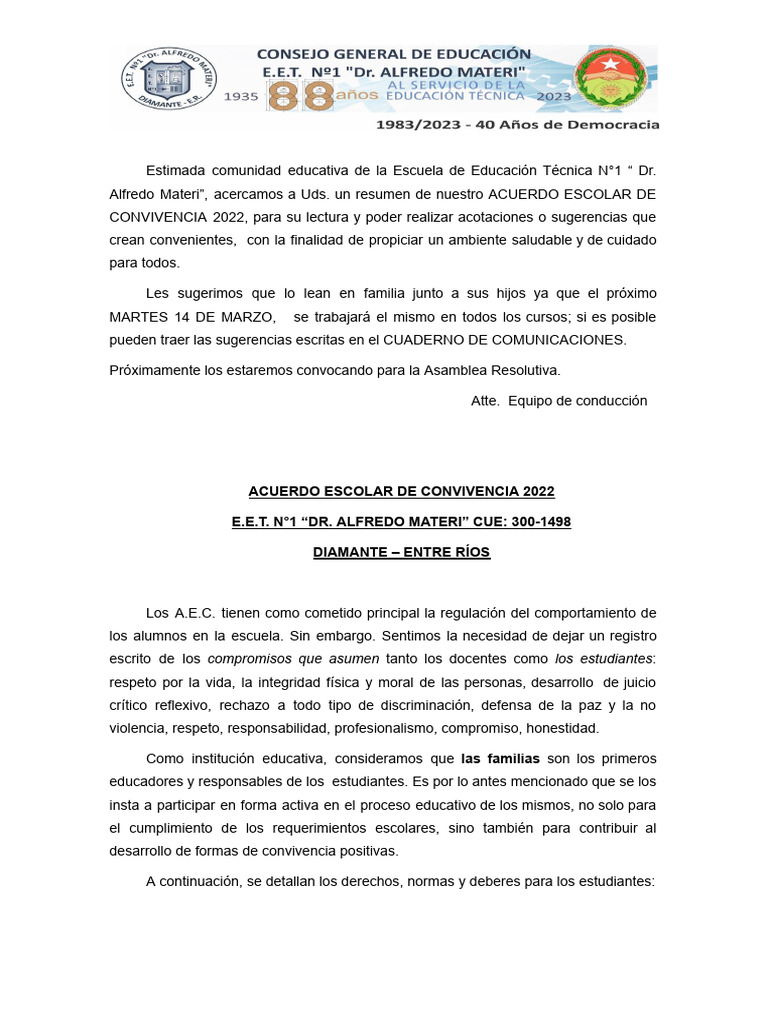 Acuerdo Escolar de Convivencia 2022 | PDF | Escuelas | Acoso
